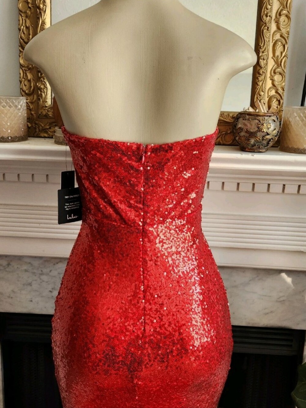 Lulus Red Sequin Mermaid Maxi Prom Dress Size M Strapless Stretch Glamoratti - Picture 9 of 9